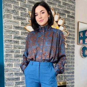 Vintage Blue and Brown Patterned Blouse